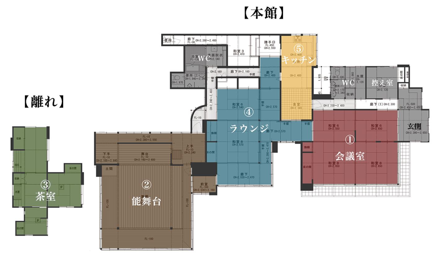 旧村上邸の館内図。本館に会議室・能舞台・ラウンジ、離れに茶室